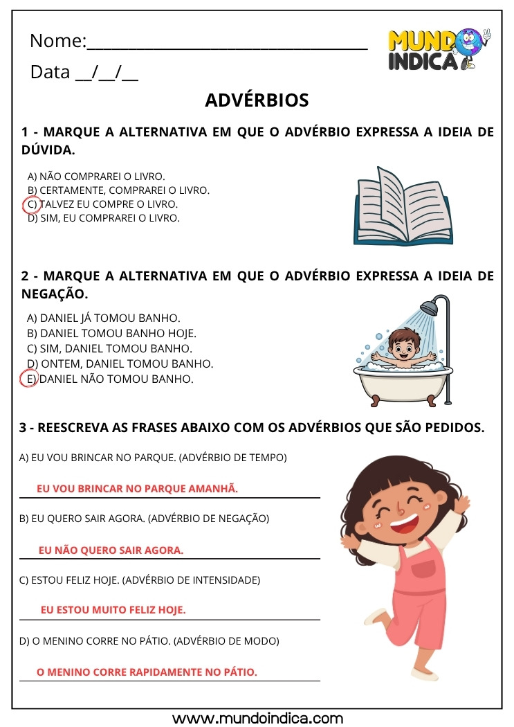 Folha de Atividade de Português com Exercícios de Advérbios com Respostas para Imprimir