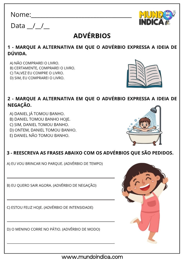 Folha de Atividade de Português com Exercícios de Advérbios para Imprimir