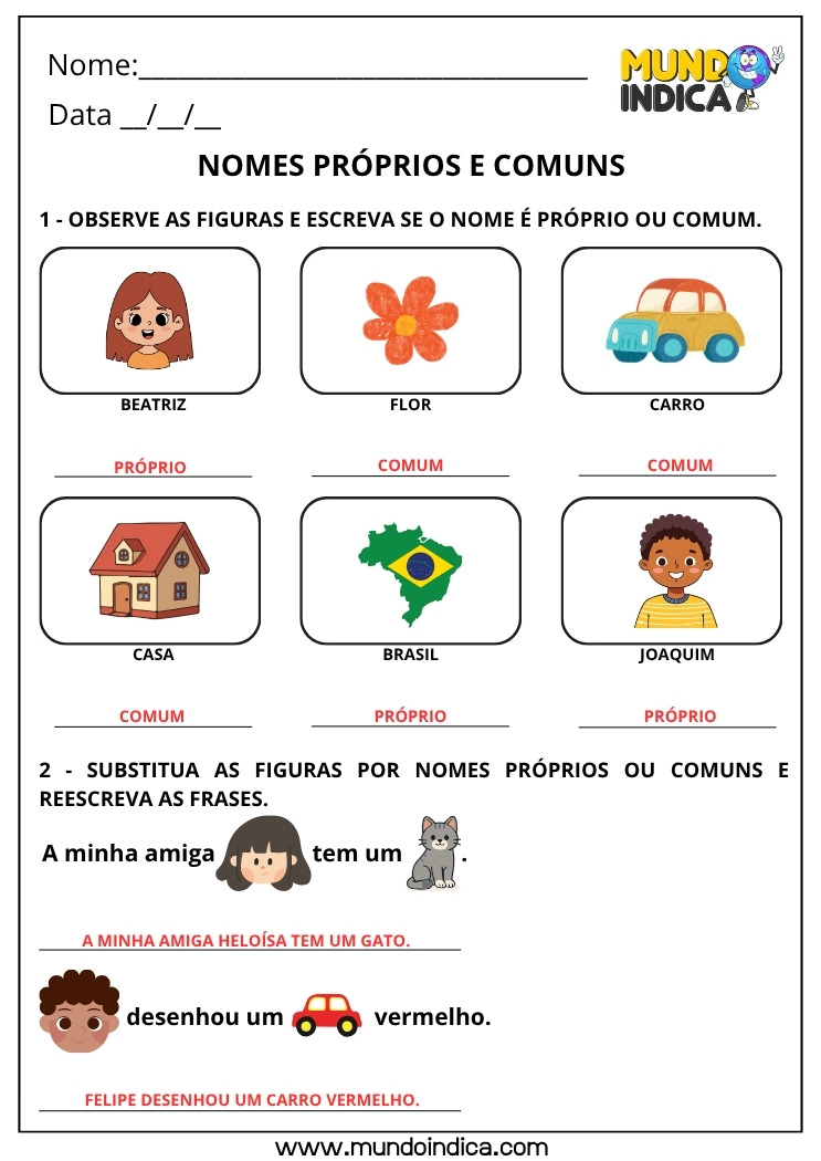 Folha de Atividade de Português com Nomes Próprios e Comuns com Respostas para Imprimir