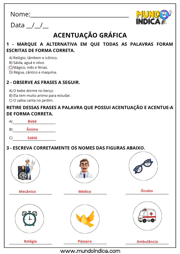 Folha de Atividades com Exercícios de Português de Acentuação Gráfica com Resposta para Imprimir