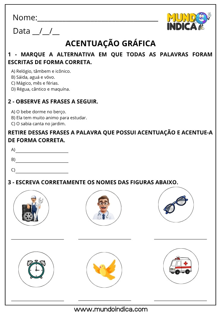 Folha de Atividades com Exercícios de Português de Acentuação Gráfica para Imprimir