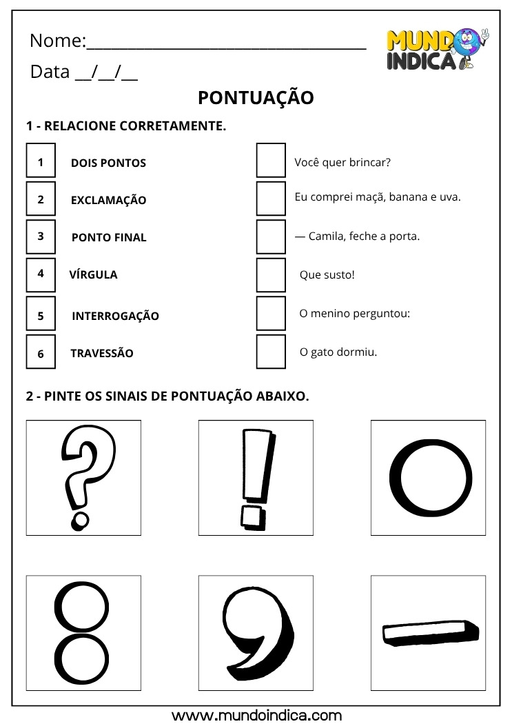 Atividade Lúdica de Português com Pintura e Ligue os Sinais de Pontuação com as Frases