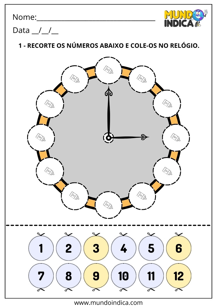Atividade Lúdica sobre Medida de Tempo com Recorte e Colagem dos Números no Relógio