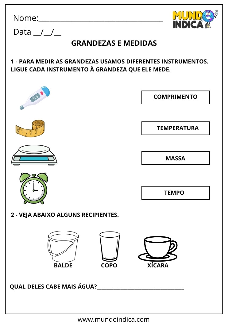 Atividade com Instrumentos para Medir Grandezas e Medidas para o 1º Ano para Imprimir