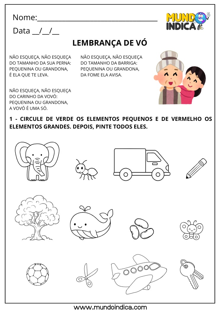 Atividade com Poema Lembrança de Vó para trabalhar memória afetiva e percepção de grandezas