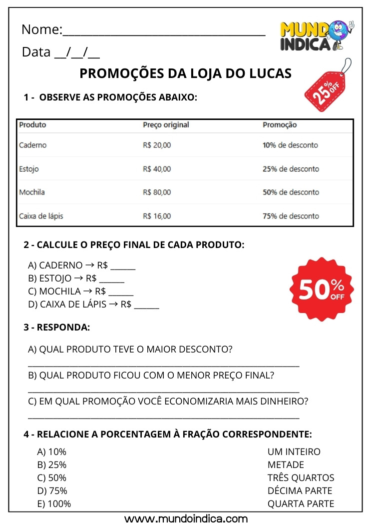 Atividade com Problemas Utilizando o Sistema Monetário Brasileiro em Situações de Compra e Venda, Troco e Desconto para o 4º Ano