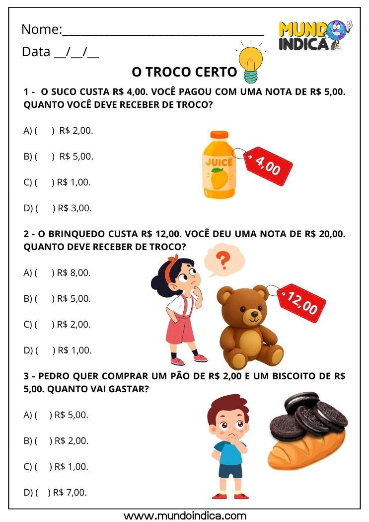 Atividade com Problemas de Compra, Venda e Troco no Sistema Monetário Brasileiro para o 4º Ano Fundamental para Imprimir