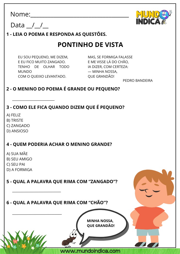 Atividade com o poema Pontinho de Vista para imprimir, com perguntas interpretativas e leitura sensível