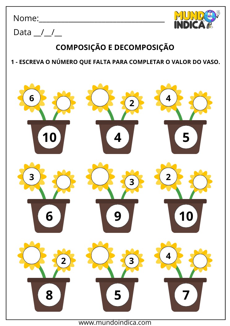 Atividade de Composição e Decomposição para o 1º ano para Escrever o Número que Falta para Completar o Valor do Vaso de Flores para Imprimir
