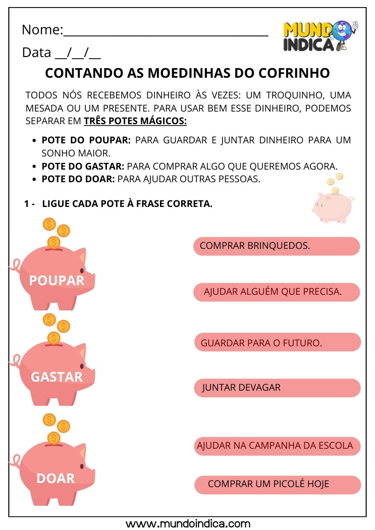 Atividade de Educação Financeira sobre Poupar, Gastar e Doar para o 1º Ano Fundamental para Imprimir