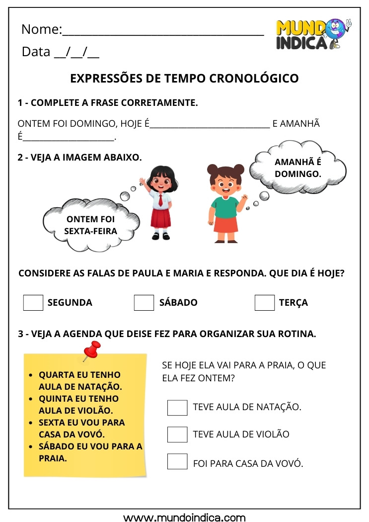 Atividade de Expressões de Tempo Cronológico para o 1º Ano para Imprimir