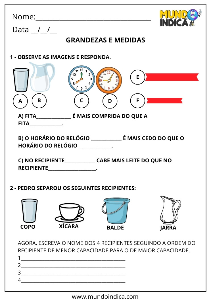 Atividade de Grandezas e Medidas para o 1º Ano Ensino Fundamental para Imprimir