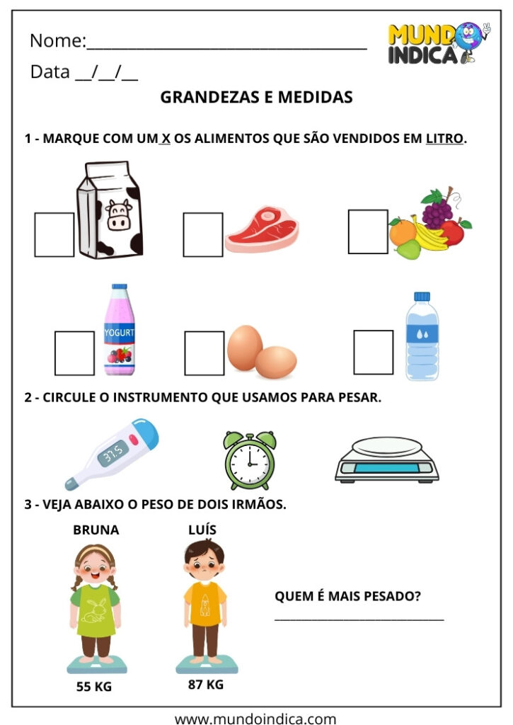 Atividades de Grandezas e Medidas para o 1º Ano