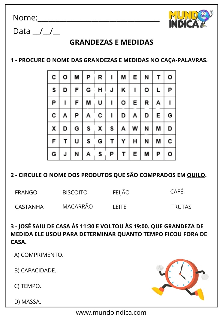 Atividade de Grandezas e Medidas para o 1º Ano para Imprimir