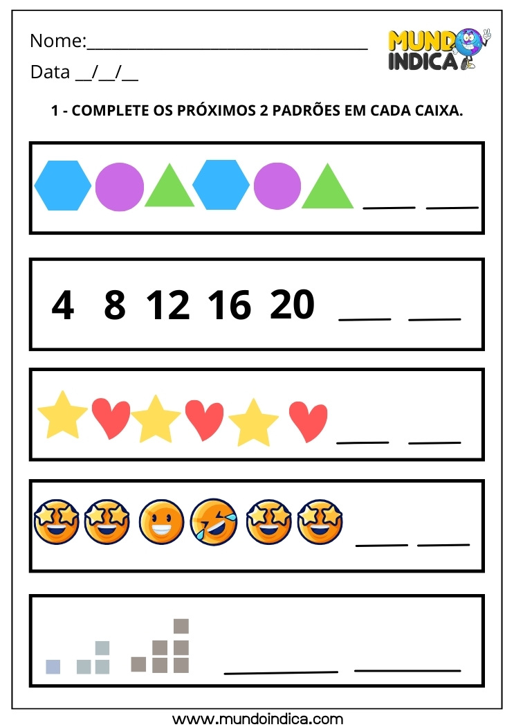 Atividade de Identificar e Completar Padrões em Sequências para 1º Ano