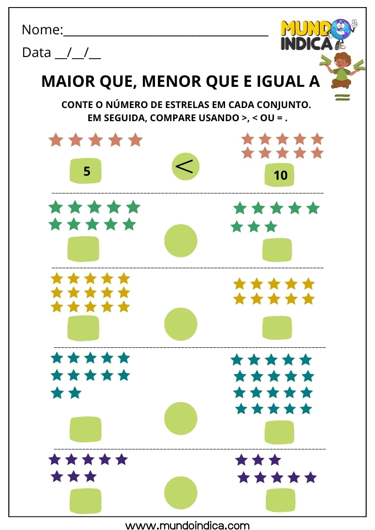 Atividade de Matemática 1º ano Comparação de Quantidades Maior que, Menor que, Igual a