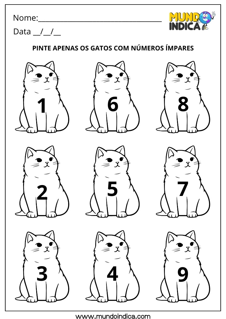 Atividade de Matemática 1º ano Pinte Apenas os Gatos com Números Ímpares