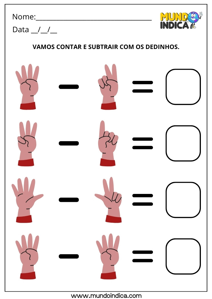Atividade de Matemática 1º ano Subtração com Dedinhos para Imprimir