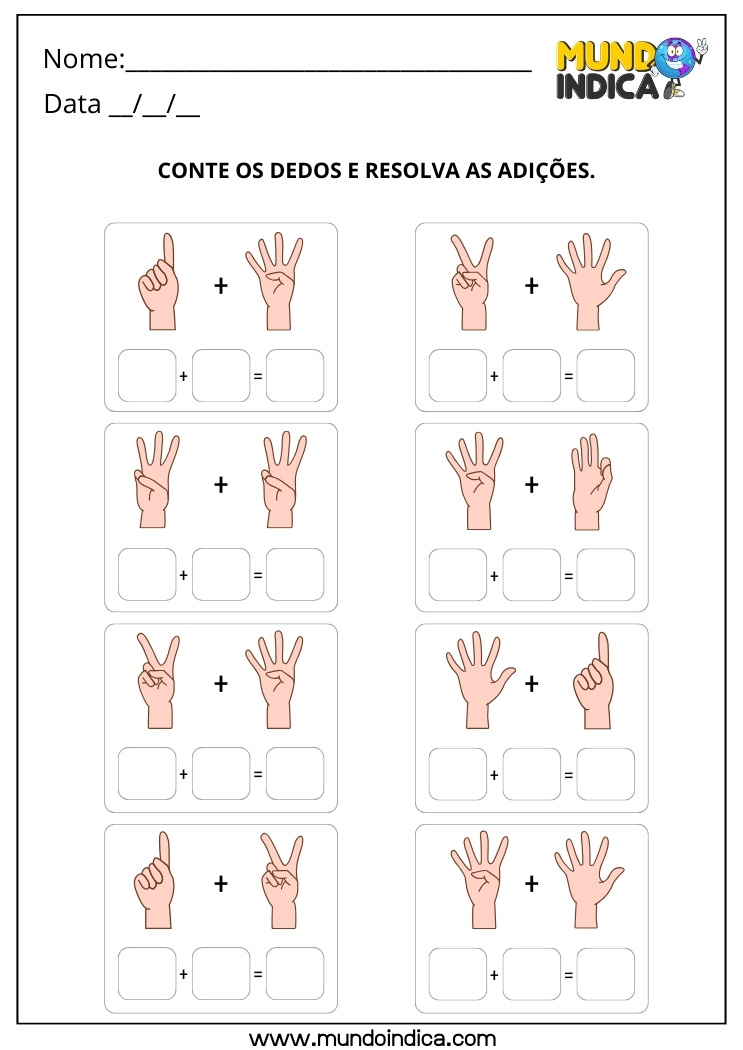 Atividade de Matemática 1º ano com Adição com Dedinhos