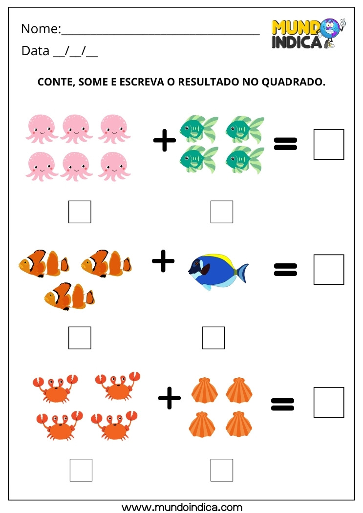 Atividade de Matemática 1º ano com Adição dos Animais Aquáticos