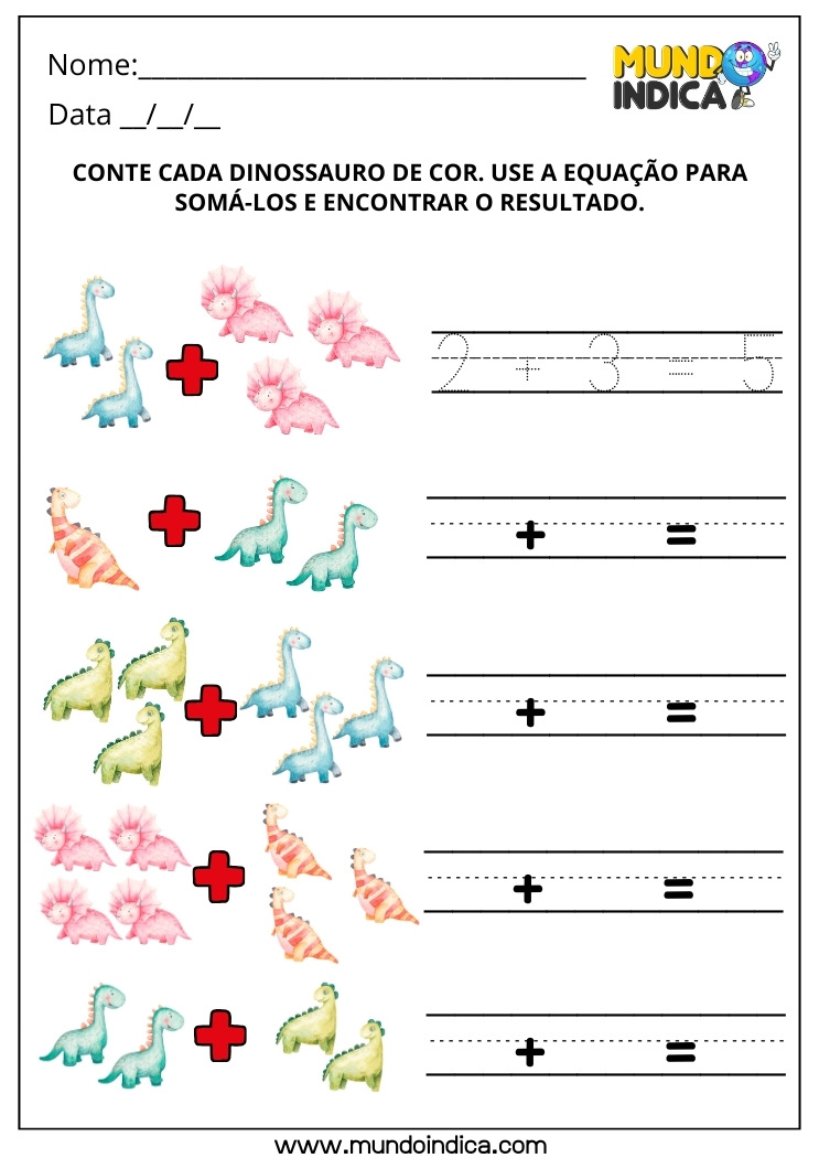 Atividade de Matemática 1º ano com Contagem e Adição dos Dinossauros