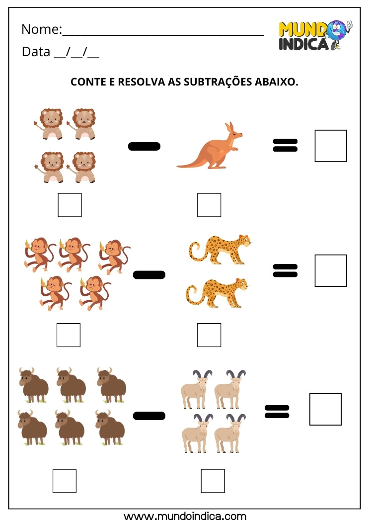 Atividade de Matemática 1º ano com Contagem e Subtração para Imprimir