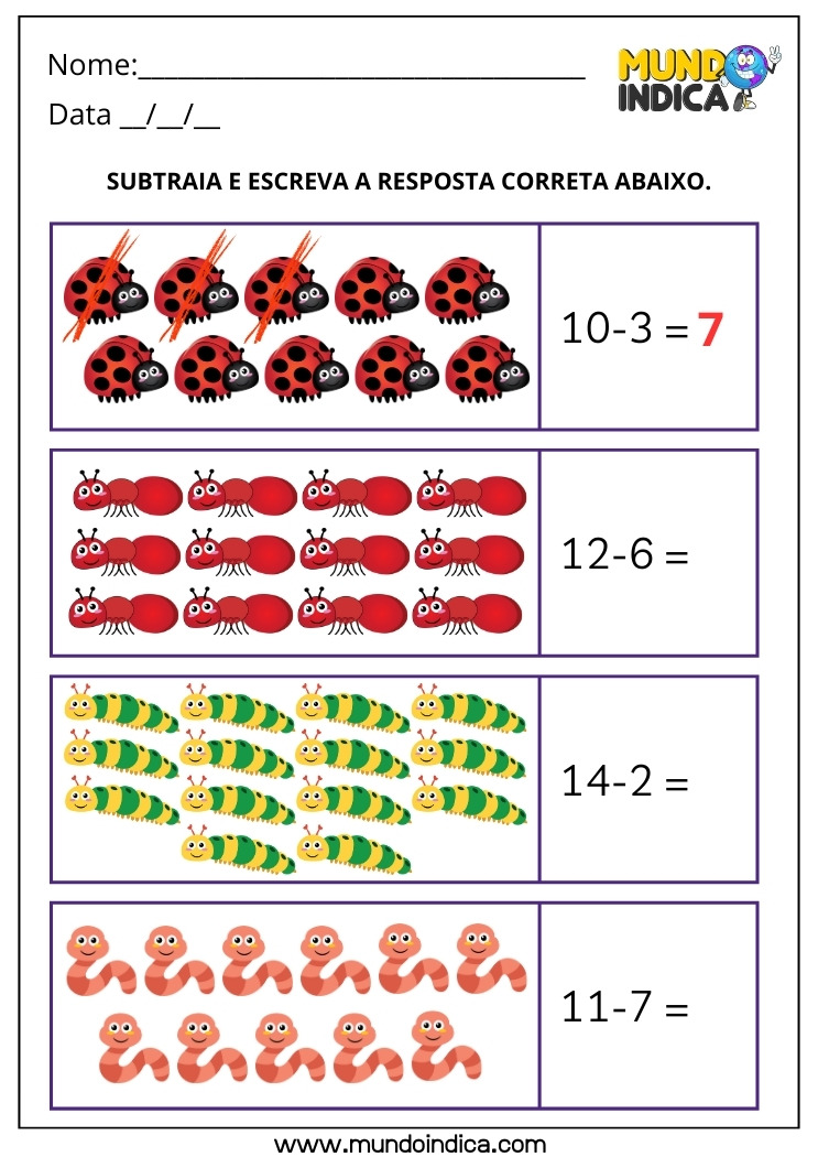 Atividade de Matemática 1º ano com Contagem e Subtração