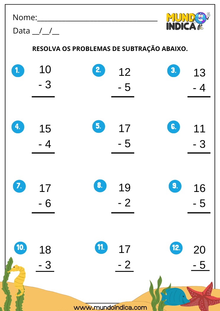 Atividade de Matemática 1º ano com Exercícios de Subtração para Imprimir
