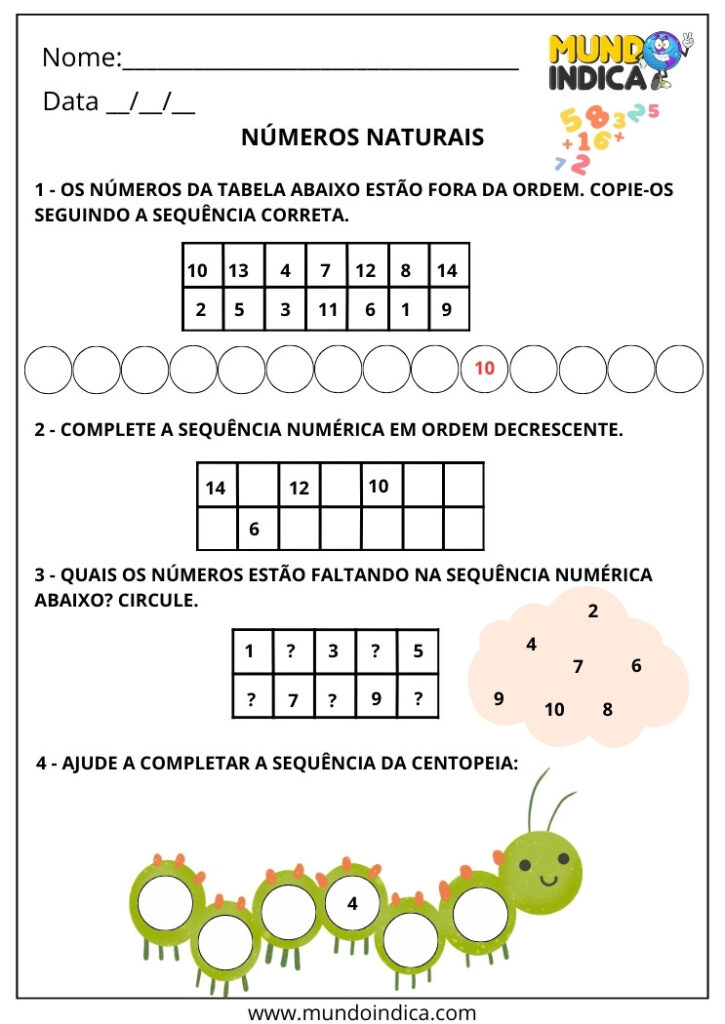 Atividades de Matemática 1º ano com Números Naturais