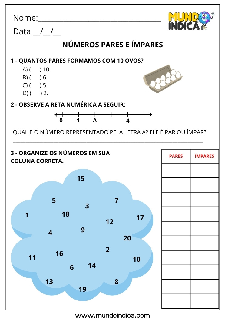 Atividade de Matemática 1º ano com Números Pares e Ímpares para Imprimir