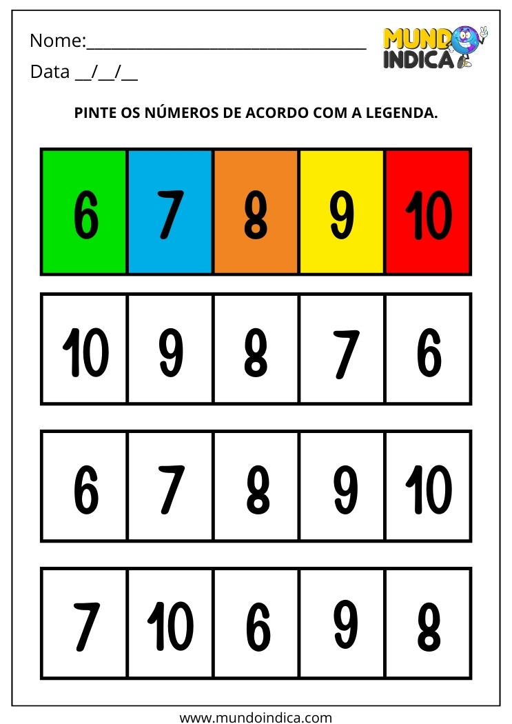 Atividade de Números Naturais com Legenda de Cores – 1º Ano