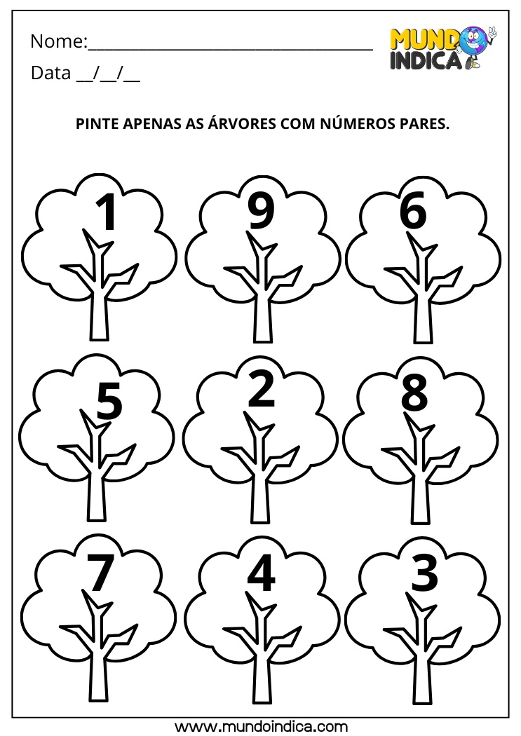 Atividade de Matemática 1º ano com Pintura das Árvores com Números Pares