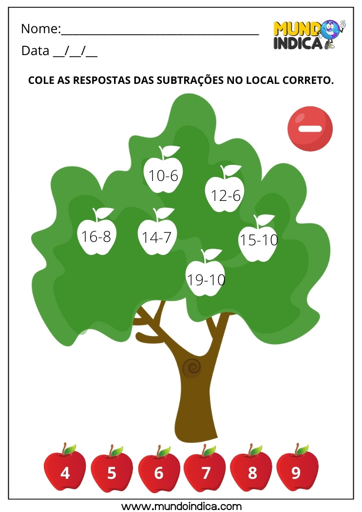 Atividade de Matemática 1º ano com Recorte e Colagem dos Resultados da Subtração na Árvore