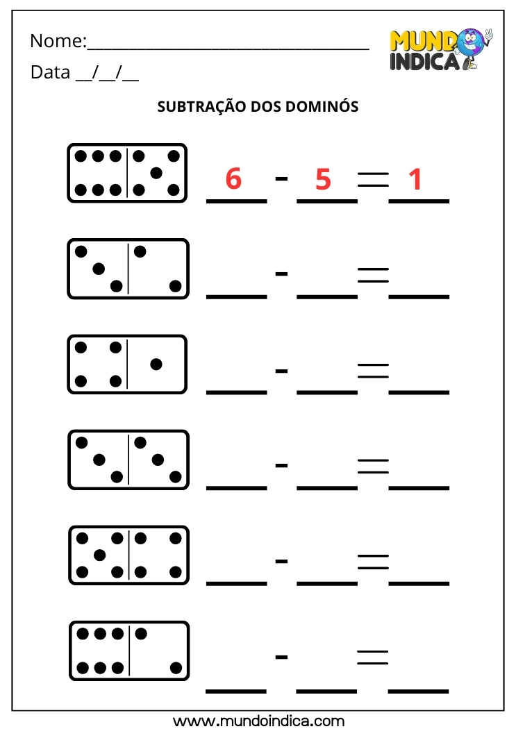Atividade de Matemática 1º ano com Subtração dos Dominós para Imprimir