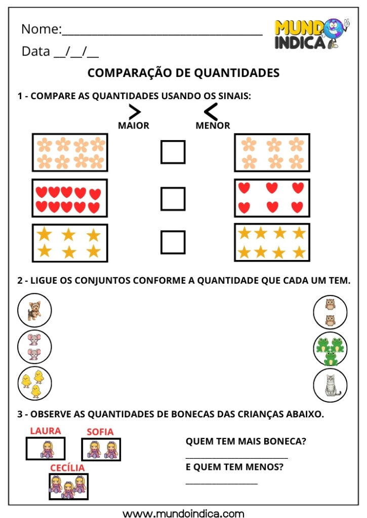 Atividades de Matemática 1º ano sobre Comparação de Quantidades