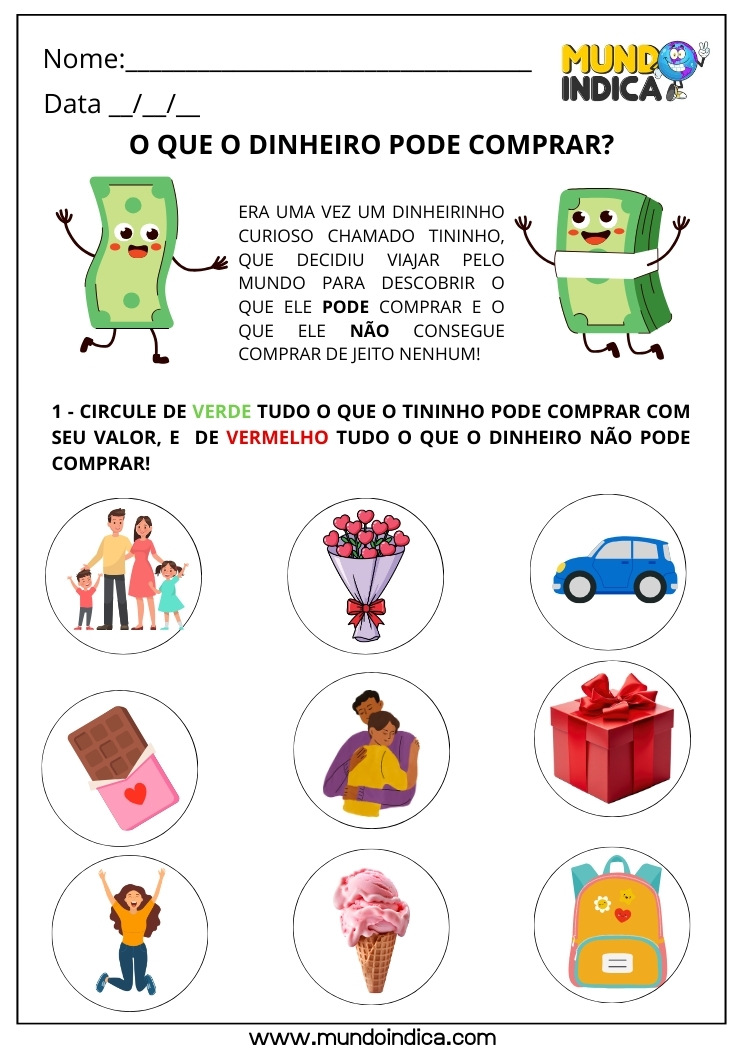 Atividade de Matemática para o 1º Ano Fundamental sobre o Valor do Dinheiro para Imprimir