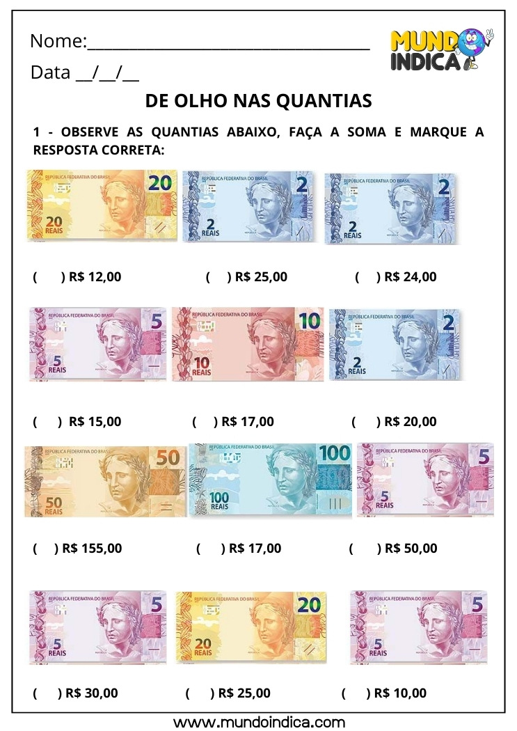 Atividade de Matemática sobre o Sistema Monetário Brasileiro para o 1º Ano Fundamental com Adição das Cédulas para Imprimir