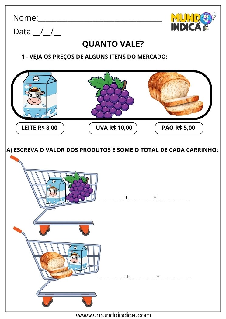 Atividade de Matemática sobre o Sistema Monetário Brasileiro para o 1º Ano Fundamental para Resolver Situações Simples do Cotidiano no Mercado para Imprimir