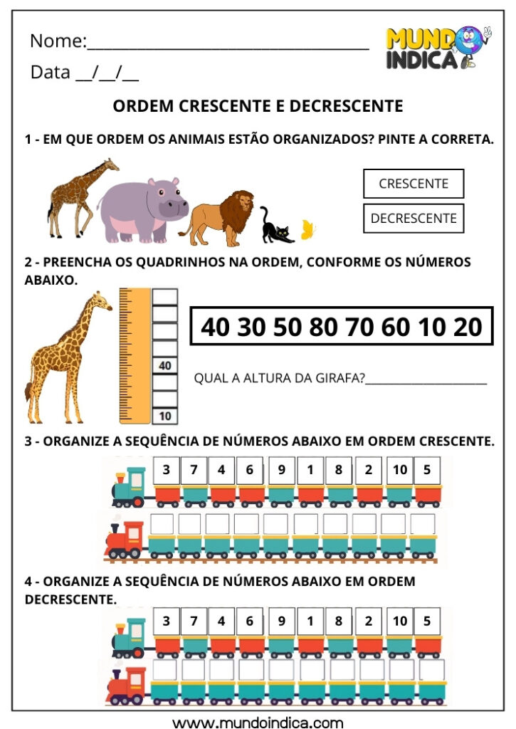 Atividades de Ordem Crescente e Decrescente para o 1º Ano