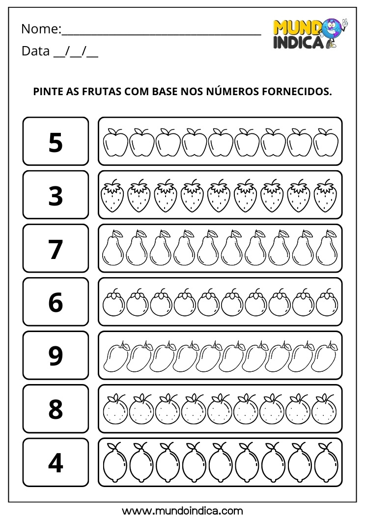 Atividade de Pintura das Frutas Conforme a Contagem para o 1º Ano para Imprimir