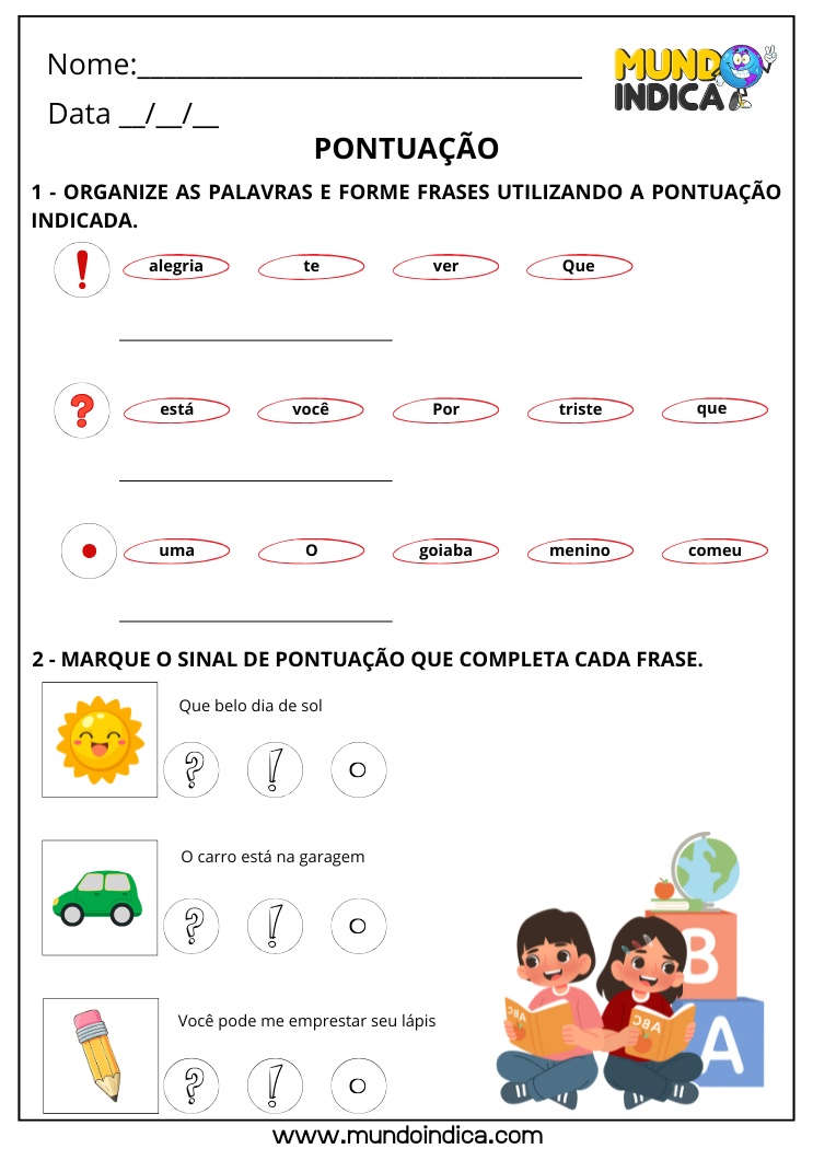 Atividade de Português Organize as Palavras e Forme Frases Utilizando a Pontuação Adequada