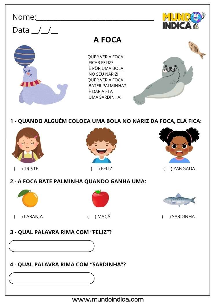 Atividade de Português com o poema A Foca com exercícios de rima e interpretação