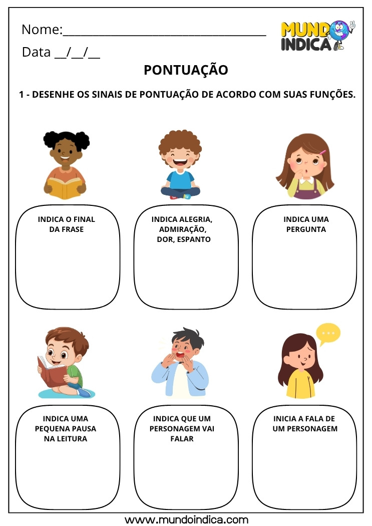 Atividade de Português para Desenhar os Sinais de Pontuação de Acordo com suas Funções