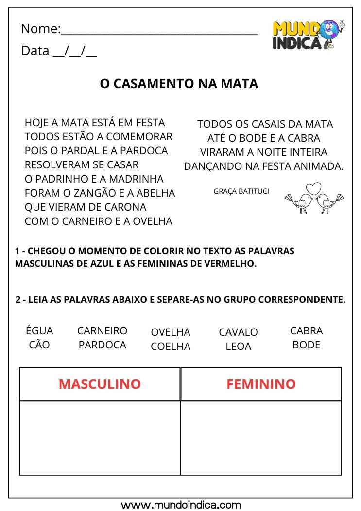 Atividade de Português sobre Masculino e Feminino