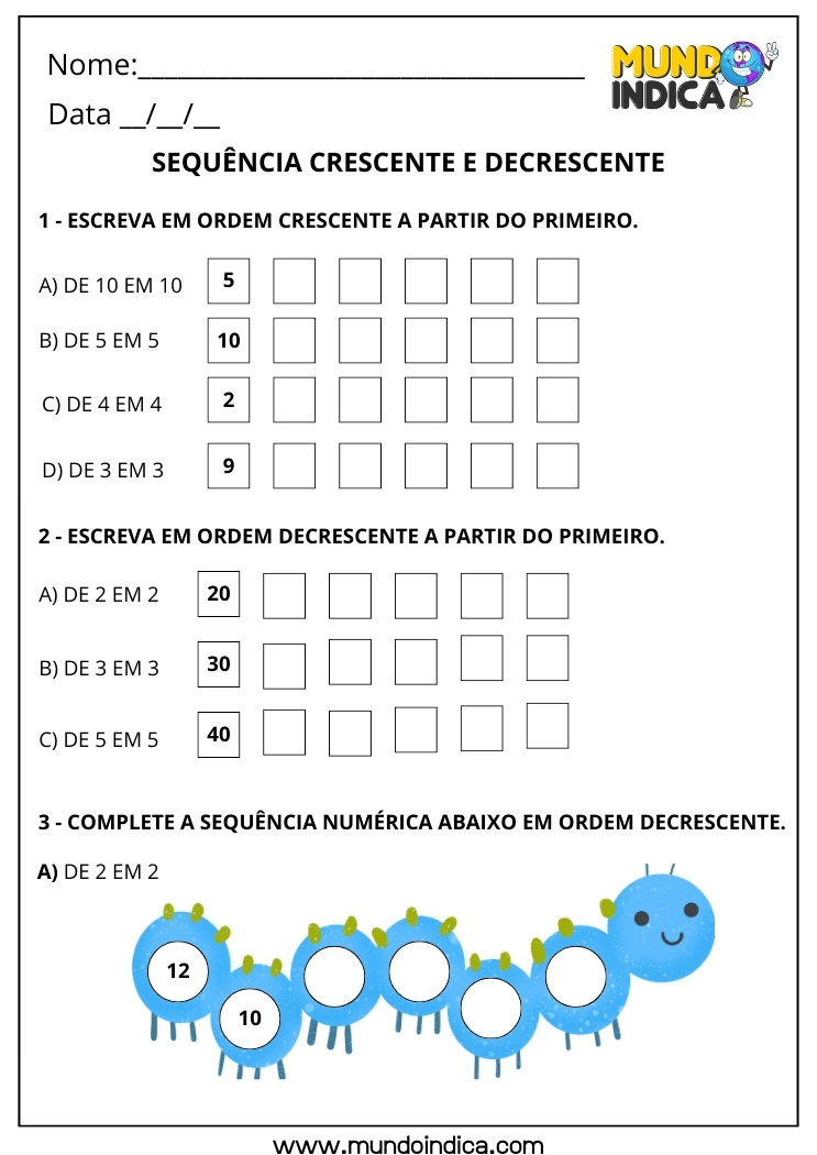 Atividade de Sequência Numérica Crescente e Decrescente com Regularidade para o 1º Ano