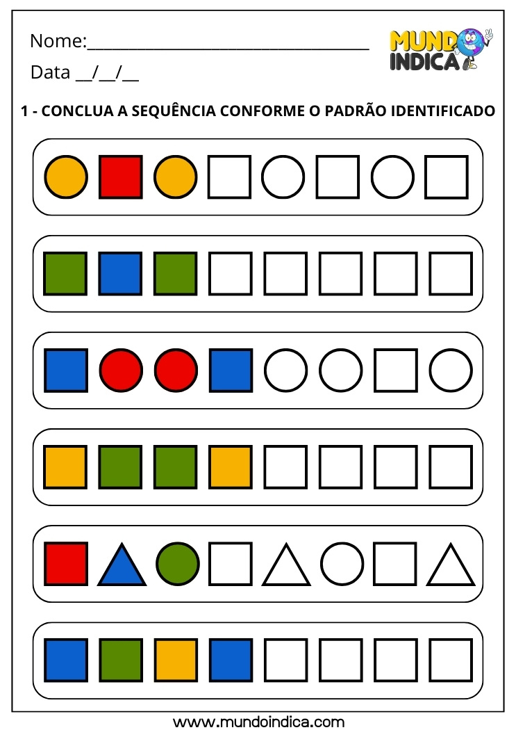Atividade de Identificação de Padrões em Sequências com Formas e Cores para 1º Ano