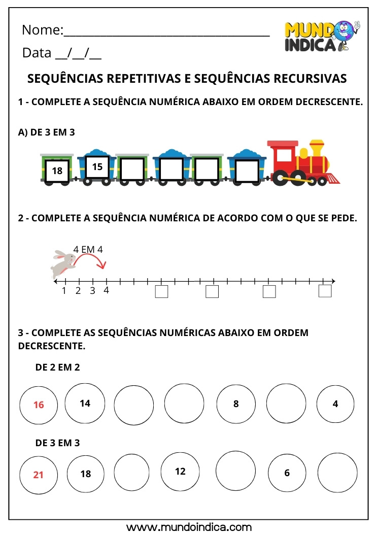 Atividade de Sequências Numéricas com Regularidade e Regras para 1º Ano