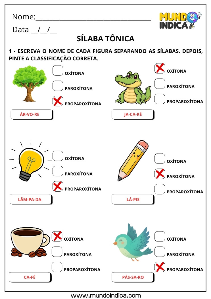 Atividade de Sílaba Tônica 1 com Gabarito