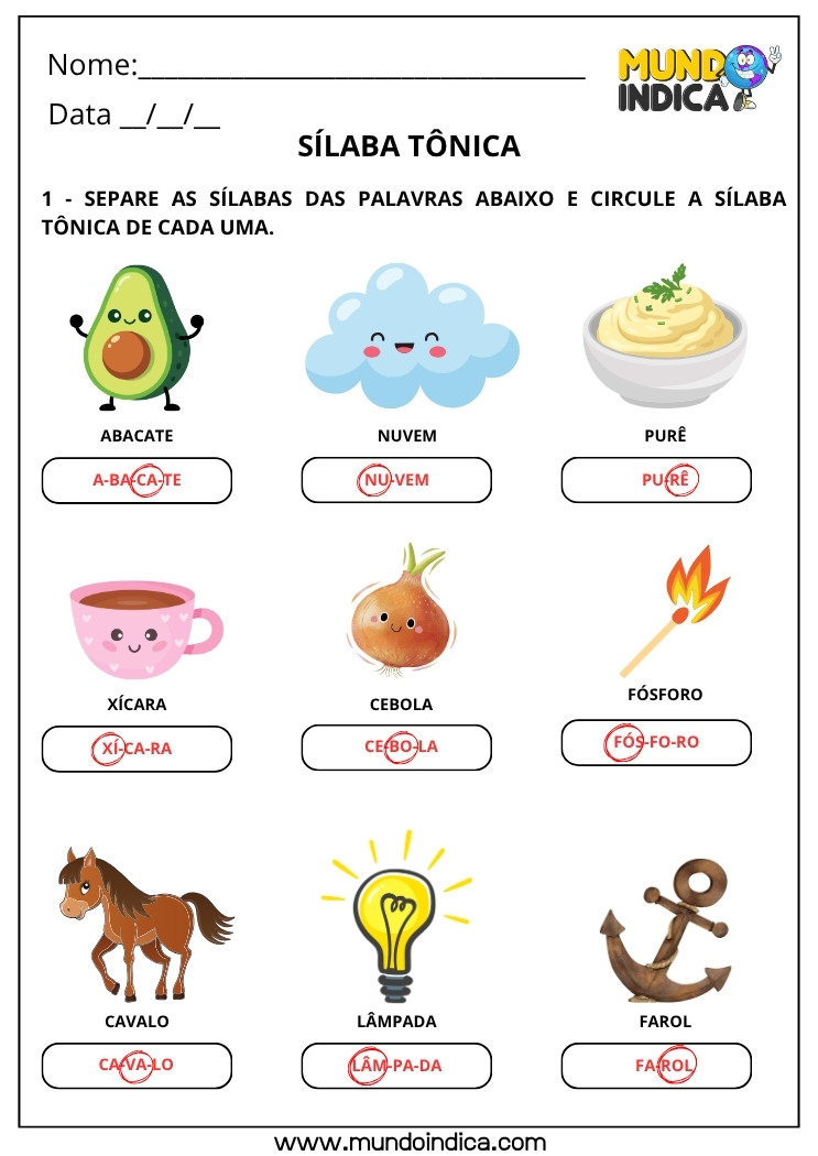 Atividade de Sílaba Tônica 2 com Gabarito