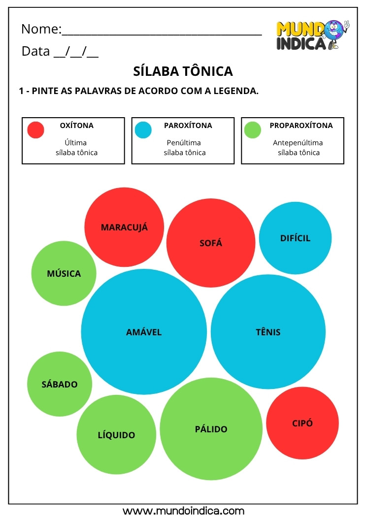 Atividade de Sílaba Tônica 3 com Gabarito
